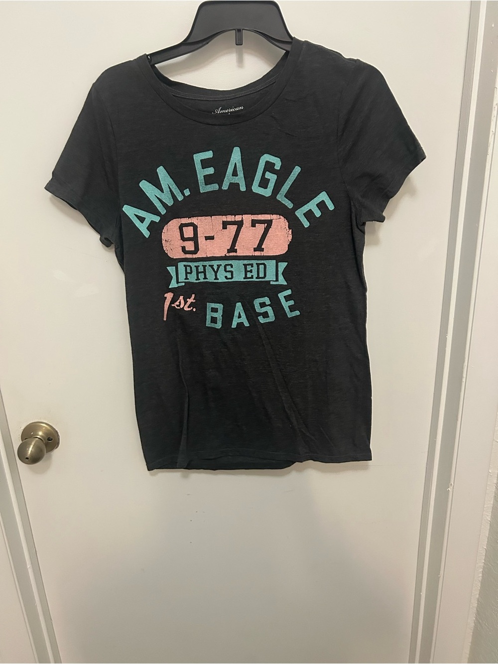 American Eagle Outfitters Black Tee with Pink and Teal Graphic